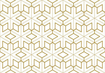 Six pointed star Islamic style repeat pattern with 3d effect in gold color outline, geometric vector illustration	