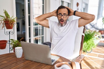 Middle age man using computer laptop at home crazy and scared with hands on head, afraid and surprised of shock with open mouth