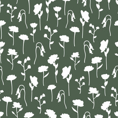 White Silhouette Ditsy Flower Meadow Textiles Surface Design Seamless Repeat Pattern Design on Green Background 