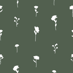 Half Drop White Silhouette Ditsy Flower Meadow Textiles Surface Design Seamless Repeat Pattern Design on Green Pattern