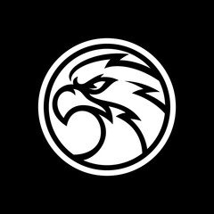 Bird head and circle emblem logo design. Eagle, falcon or hawk mascot illustration on dark background