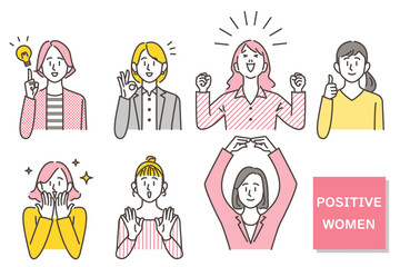 Set of young women with positive facial expressions (pleased, happy, OK, fist pump) [vector illustration].