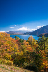 紅葉の本栖湖と冠雪した富士山
