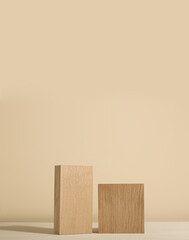 Minimalist wooden scene. Abstract minimal empty stage with rectangle podiums on beige background. Mockups display for product presentation.	
