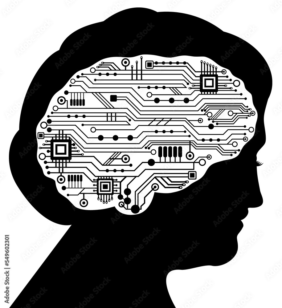 Poster beautiful communication old woman profile with circuit techno human brain. artificial intelligence, 