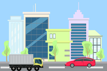 City buildings town street with transportation concept. Vector illustration in flat style