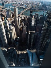 View over Lower Manhattan and Brooklyn Bridge from One World Trade Center Observatory.
