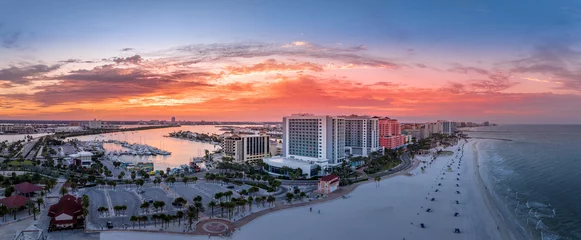 Printed kitchen splashbacks Clearwater Beach, Florida Row of hotels line Clearwater beach near Tampa with white sand colorful sunrise sky
