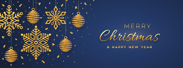 Fototapeta na wymiar Christmas blue background with hanging shining golden snowflakes and balls. Merry christmas greeting card. Holiday Xmas and New Year poster, web banner. Vector Illustration.