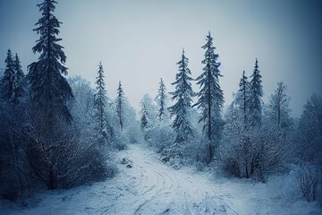 Winter forest landscape covered in the snow, Christmas background