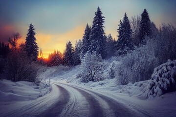 Sunset in the mountains forest covered in snow landscape, snowy path