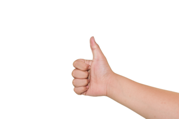 Boy hand showing thumbs up sign against white background