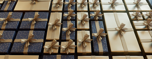 Contemporary Gold and Navy Blue Christmas Background. Precisely arranged Festive Presents form a Grid pattern. 
