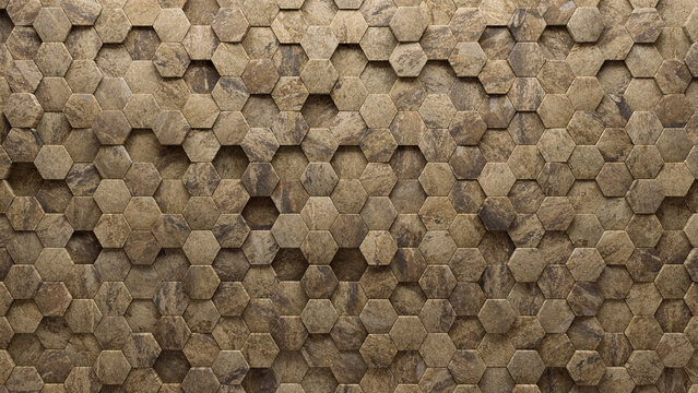 3D, Textured Mosaic Tiles arranged in the shape of a wall. Hexagonal, Semigloss, Bricks stacked to create a Natural Stone block background. 3D Render