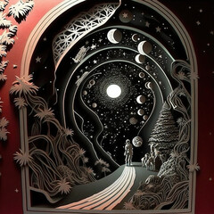 Multi layer paper cut craft, paper illustration, tunnel, stars and planets in vine, ornate detailed.