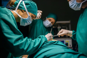 Asian medical team performing surgery in operation room.