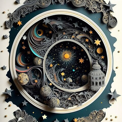 Multi layer paper cut craft, paper illustration, tunnel, stars and planets in vine, ornate detailed.