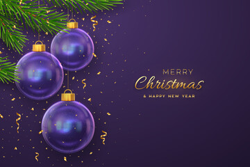 Fototapeta na wymiar Merry christmas greeting card or banner. Hanging transparent glass balls, pine branches on purple background with golden falling confetti. New Year 3d design. Holiday Xmas baubles. Vector illustration