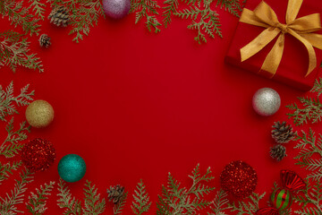 christmas background with glittering ornaments and ribbon