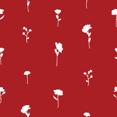 Half Drop White Silhouette Ditsy Flower Meadow Textiles Surface Design Seamless Repeat Pattern Design on Red Background