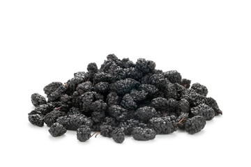 Dried black mulberries on white background