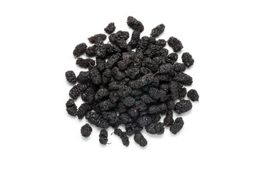 Dried black mulberries on white background