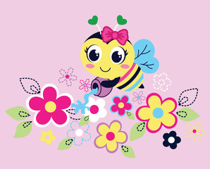 cute bee with beautiful flowers vector