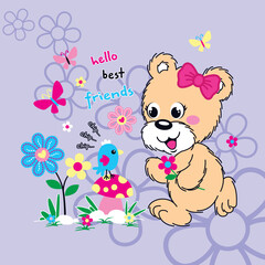 Fototapeta na wymiar cute bear playing with lovely flower vector 