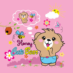 cute bear playing with lovely flower vector 
