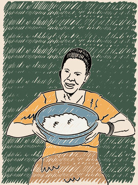 An Illustration of a woman holding a bowl of rice