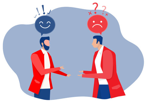 Two business people different thinking between blue plus and red minus signs in speech bubbles. Positive and negative concept vector illustrator
