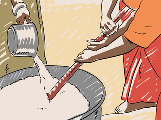 An Illustration of women preparing pap in a big pot