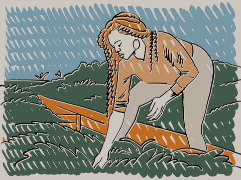 An Illustration of a woman picking vegetables in urbang garden