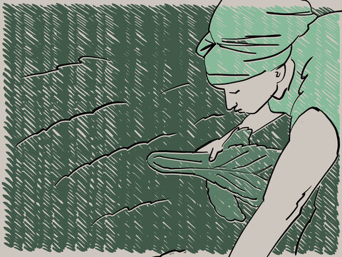 An Illustration of a woman picking spinach from an urban farm
