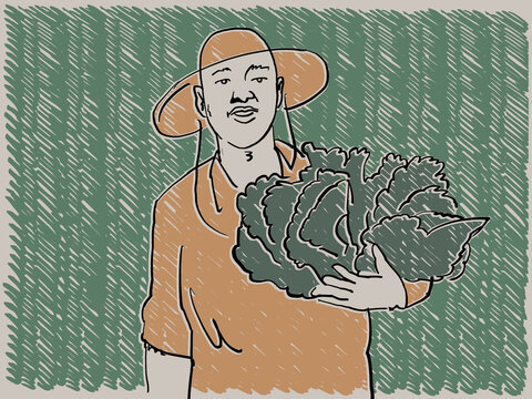An Illustration of man holding a bunch of kale