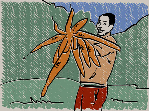 An Illustration of a man holding freshly harvested casava