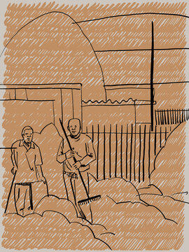 An Illustration of two farmers in an urban farm