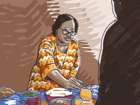 An Illustration of a woman serving food at amatebeto
