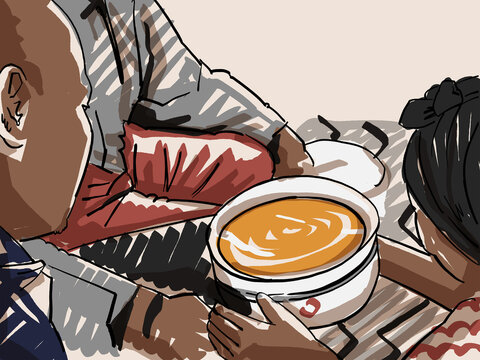 An Illustration of a woman presenting soup to the groom at amatebeto