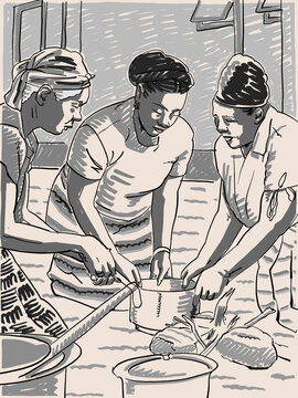 An Illustration of bride and her family cooking food for traditional weding