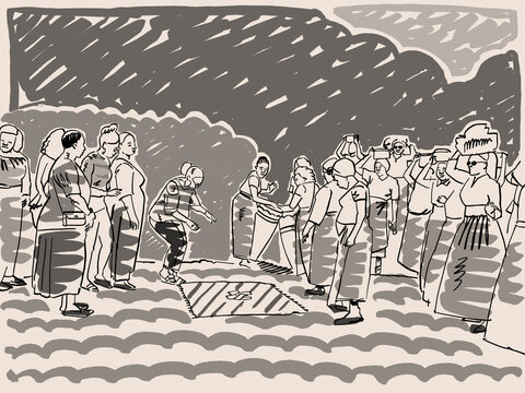 An Illustration of bride and groom's family meeting at amatebeto