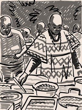 An Illustration of an african man wearing a dashiki serving himself food at amatebeto
