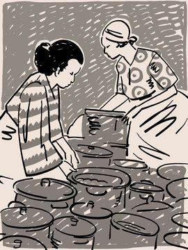 An Illustration of women preparing pots at ichilanga mulilo