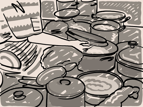 An Illustration of a bunch of pots with food in them