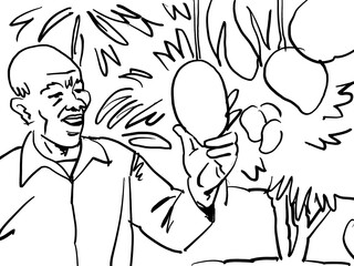 An Illustration of an elderly farmworker inspecting a mango