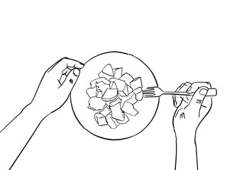 A flat lay illustration of hands eating sweet potatoes