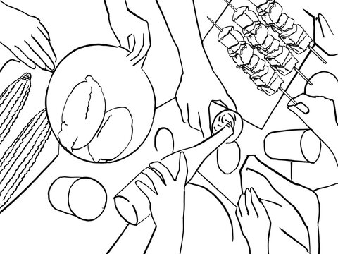 Aerial view of table with people's hands holding plates and serving food and drinks