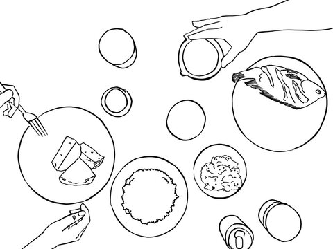 A flat lay Illustration of two people sharing a meal of fish samp, impwa, cold drinks and chikanda 