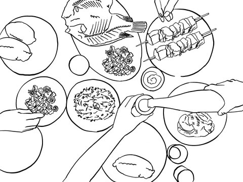 A flat lay Illustration of a group of people sharing a meal