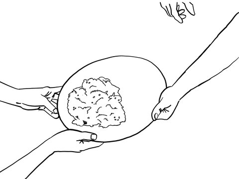An Illustration of hands serving impwa vegetable on a plate